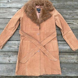 Rue21 Women Jacket Genuine Leather Coat Faux Fur Brown W/ Belt Outer Wear Size L